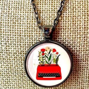 Typewriter and Flowers Pendant Necklace, NWT